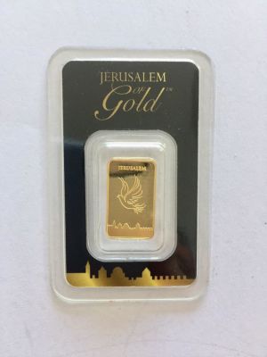 מטיל זהב טהור 999.9 במשקל של 2.5 גרם חתום וממוספר 00484 במהדורה מוגבלת. 
דגם ירושלים של זהב. של 