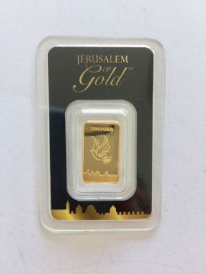 מטיל זהב טהור 999.9 במשקל של 2.5 גרם חתום וממוספר 00484 במהדורה מוגבלת. 
דגם ירושלים של זהב. של 