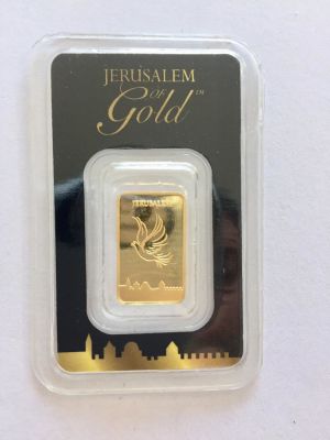 מטיל זהב טהור 999.9 במשקל של 2.5 גרם חתום וממוספר 00488 במהדורה מוגבלת. 
דגם ירושלים של זהב. של 