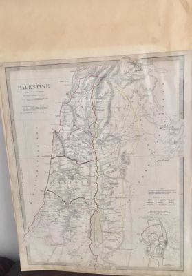 מפת ארץ ישראל (PALESTINEׂׂ) עתיקה. עם ירושלים העתיקה. צבועה ביד. פורסמה בשנת 1843. London. 