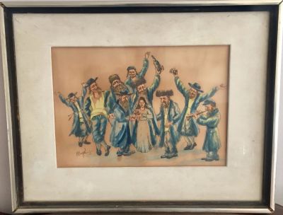 ציור ישן של חתונה חסידית. צבעי מים ועט על קרטון. ממוסגר עם זכוכית. צידות כללי: 44X34 ס"מ. חתום.