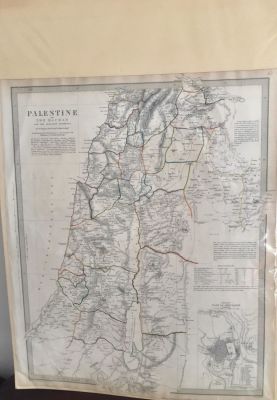 מפת ארץ ישראל (PALESTINEׂׂ) עתיקה עם הר הבית. צבועה ביד. פורסמה בשנת 1843. London. 
מוצמדת 