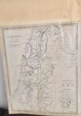 מפת ארץ ישראל (PALESTINEׂׂ) עתיקה. עם ירושלים העתיקה. צבועה ביד. פורסמה בשנת 1843. London. 