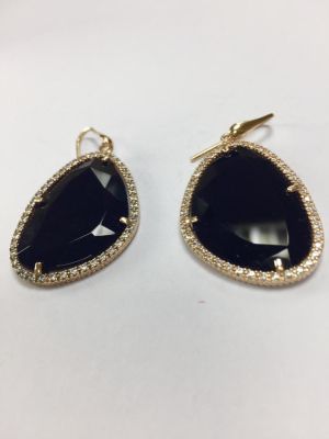 עגילים 925 סטרלינג כסף ציפוי זהב ורוד 14K משובץ זרקונים ואבן אוניקס שחורה 3.5-2.5 ס"מ 14.3 גרם