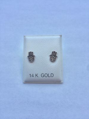 זוג עגילי זהב 14K. דגם חמסה לבן. 
סוגר סיליקון נצמד לאוזן. הפריט לא נמכר עפ"י משקל.