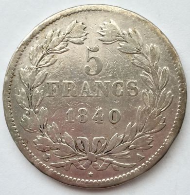מטבע כסף 5 פרנק צרפתי 1840, 
משקל: 24.5 גרם, טוהר: 0.900, קוטר: 37 מ"מ,