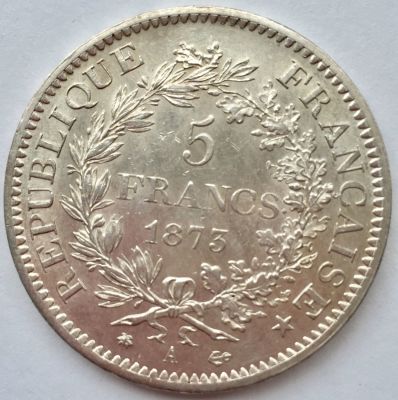 מטבע כסף 5 פרנק צרפתי 1873, 
משקל: 25 גרם, טוהר: 0.900, קוטר: 37 מ"מ,