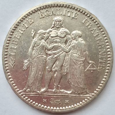 מטבע כסף 5 פרנק צרפתי 1873, 
משקל: 24.8 גרם, טוהר: 0.900, קוטר: 37 מ"מ,