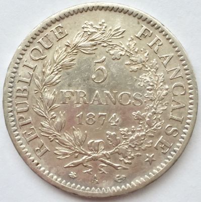 מטבע כסף 5 פרנק צרפתי 1874, 
משקל: 24.9 גרם, טוהר: 0.900, קוטר: 37 מ"מ,