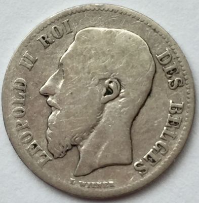 50 סנטים כסף, המלך לאופולד II, בלגיה. 1886. 
כסף 0.835, קוטר 18 מ"מ, משקל 2.4 גר'.