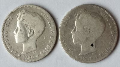 זוג מטבעות כסף 1 פסטה ספרד, שנים 1896+1900, המלך אלפונסו XIII. 
כסף 0.835, קוטר 23 מ"מ, משקל 