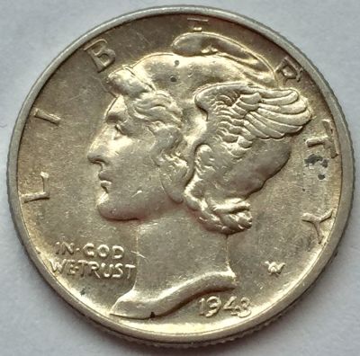 מטבע כסף 1 דיים (10 סנט) ארה"ב 1943. 
כסף 0.900, משקל 2.5 גר', קוטר 18 מ"מ. XF.