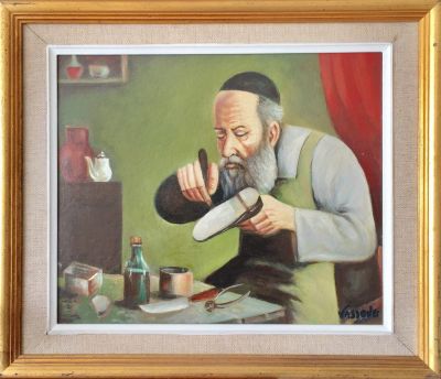 ציור יפה, שמן על לוח "סנדלר יהודי". חתום וממוסגר. 
מידות: 30x36 ס"מ - ללא מסגרת. 
מידות 