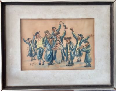 ציור מקסים, "כיצד מרקדין לפני הכלה". 
אקוורל ועט על לוח, חתום וממוסג עם זכוכית. 
מידות ללא 