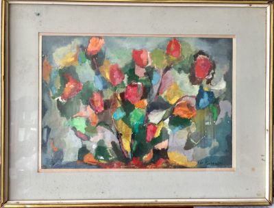 ציור ישן של אווה גולוגובסקי, "טבע דומם - פרחים". 
גואש על דיקט, חתום וממוסגר עם זכוכית. 
