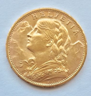 20 פרנק, שוויץ 1916. 
הקונפדרציה השוויצרית (1850 - 1916). 
משקל: 6.45 גר', זהב 0.900, קוטר: 