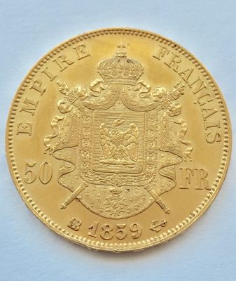 50 פרנק, צרפת 1859BB. 
הקיסר נפוליאון III (1852 - 1870) 
משקל: 16.13 גר', זהב 