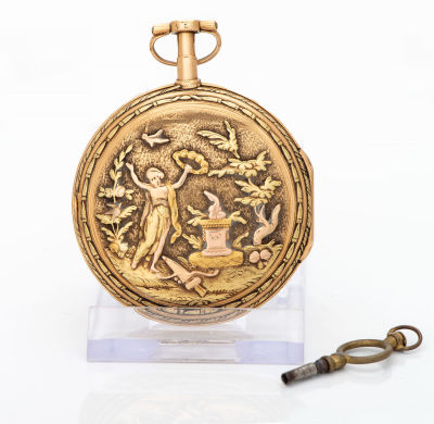 שעון כיס משובח Breguet &agrave; Paris מזהב 18 קראט בשני גוונים ואמייל, המאה ה-18. 
מנגנון VERGE 