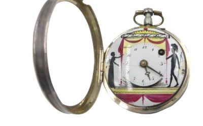 שעון כיס משובח Breguet &agrave; Paris מכסף 800 ואמייל, המאה ה-18. 
מנגנון VERGE FUSEE מנוקב וחרוט 