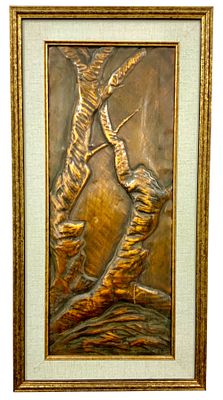 אדלר - עבודת נחושת מיוחדת רקוע בצורת עץ , גודל עבודה 53X22 גודל מסגרת 65X33.5