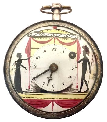 שעון כיס עתיק מכסף ואמייל Breguet &agrave; Paris מכסף 800 ואמייל, המאה ה-18. 
מנגנון VERGE FUSEE 