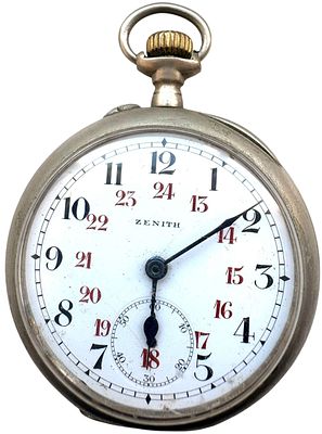 שעון כיס וינטג' מבית Zenith, המציג עיצוב קלאסי מתחילת המאה ה-20. לוח השעות כפול (12/24), השעון 