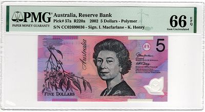 Australia, 5 Dollars, 2002. Pick# 57a - PMG 66 EPQ