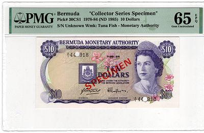 Bermuda, 10 Dollars, 1978 SPECIMEN, . Pick# 30CS1 - PMG 65 EPQ