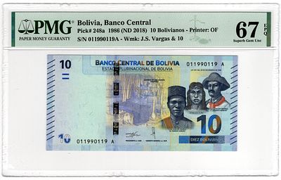 Bolivia, 10 Bolivianos, 1986. Pick# 248a - PMG 67 EPQ