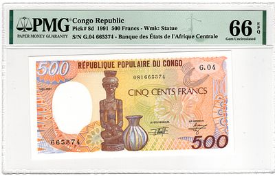 Congo Republic, 500 Francs, 1991. Pick# 8d - PMG 66 EPQ