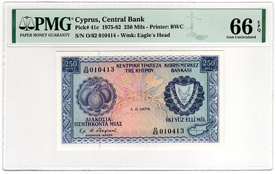 Cyprus, 250 Mils, 1979. Pick# 41c - PMG 66 EPQ