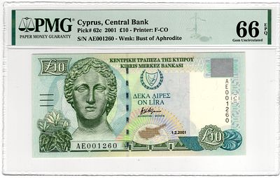 Cyprus, 10 Pounds, 2001. Pick# 62c - PMG 66 EPQ