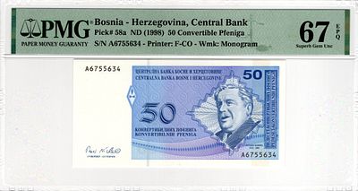 Bosnia - Herzegovina, 50 Convertible Pfeniga, 1998. Pick# 58a - PMG 67 EPQ
