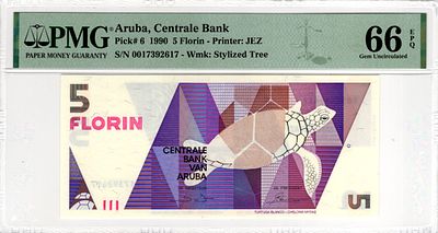 Aruba, 5 Florin, 1990. Pick# 6 - PMG 66 EPQ