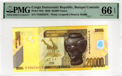 Congo Democratic Republic, 20 000 Francs, 2020. Pick# 104c - PMG 66 EPQ