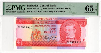 Barbados, 1 Dollar, 1973. Pick# 29a - PMG 65 EPQ
