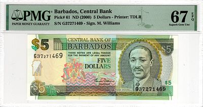 Barbados, 5 Dollars, 2000. Pick# 61 - PMG 67 EPQ