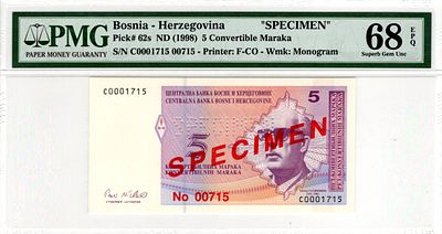 Bosnia - Herzegovina, 5 Convertible Maraka, 1998 SPECIMEN. Pick# 62s - PMG 68 EPQ