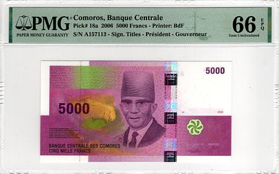 Comoros, 5 000 Francs, 2006. Pick# 18a - PMG 66 EPQ
