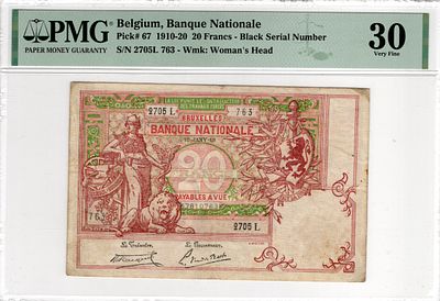 Belgium, 20 Francs, 1919. Pick# 67 - PMG 30