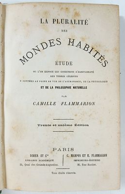 Flammarion, Camille - LA PLURALIT&Eacute; DES MONDES HABIT&Eacute;S. Paris. Didier et Cie. [188...]. 5 est. - 