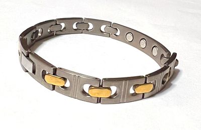 Мужской титановый браслет с золотыми накладками Сингапур. Размеры: длина 19.5 см; ширина 1.3 см 