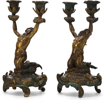 Парные бронзовые канделябры &laquo;Нептун&raquo; и &laquo;Русалка&raquo; Европа 19 век. бронза, литьё, чеканка 
Имеется 
