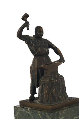 Бронзовая Скульптура "Кузнец" С. Kauba Австрия Вена 1920 гг. бронза, патинирование; мрамор 