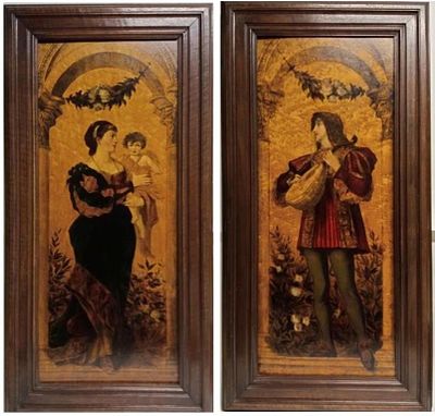 Картина Диптих "Менестрель и мадонна с младенцем" Германия 19 век. Материалы: дерево, масло 