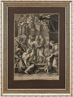 Гравюра &laquo;Сретение&raquo; авт. Hieronumus Frena Incisor. Италия XVII в. бумага, резцовая гравюра. 
Эта 