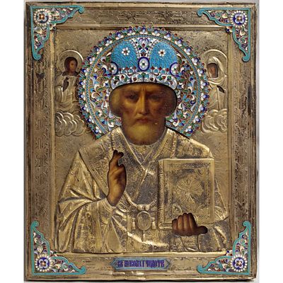 Икона Николай Чудотворец Серебро 84 Эмали Позолота 19 век. Размер : 27 х 22 см 
Материал оклада: 