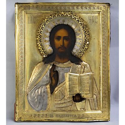 Икона Господь Вседержитель серебро 84. Размер (мм): 222 х 176 мм 
Начало 20 века 
Материал 