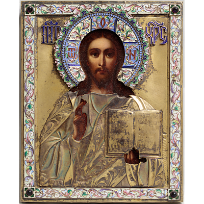 Икона СПАС Серебро 84 эмали Россия 19 век. Размер 23 х 18 см