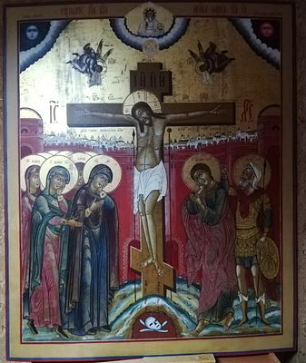 Храмовая икона Распятие Россия 19 век. Россия конец 19 века 
Дерево, темпера, левкас. позолота 